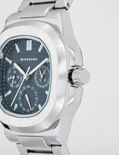 Image of GIORDANO Analog Multifunction Watch for Men - Textured Dial with Cushion Case, Luminous Index Markers, Stainless Steel Strap, Day & Date Display