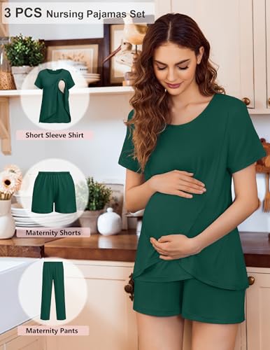 Image of Ekouaer 3 PCS Maternity Nursing Pajamas Set Postpartum Breastfeeding Short Sleeve Shirts, Pregnancy Shorts & Pants Pjs S-XXL