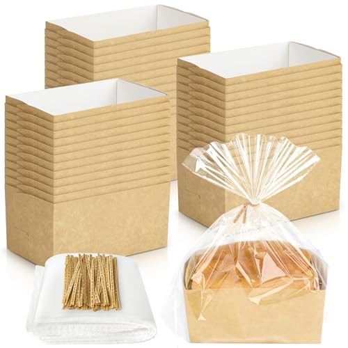 Ocmoiy 1Lb Paper Loaf Pans for Baking, 6 x 3.5 x 3 Inches, 50 Pack Disposable Bakeable Kraft Bread Pans with Packaging Bags & Ties