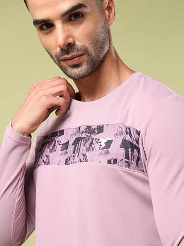 Image of TECHNOSPORT Men Polyester Self Design Chest Print Slim Fit Long Sleeve T-Shirt for Gym, Workout and Regular Use with SPF50+