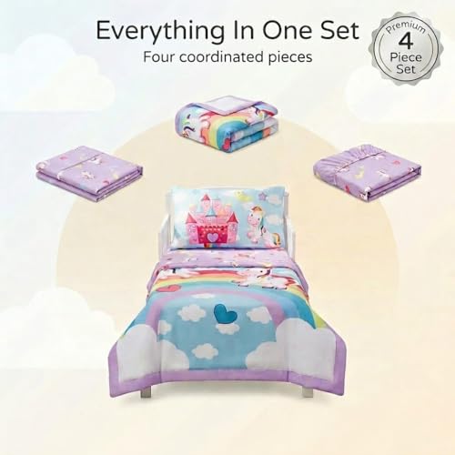 Image of EVERYDAY KIDS 4 Piece Toddler Bedding Set - Unicorn Dreams - Includes Comforter, Flat Sheet, Fitted Sheet and Reversible Pillowcase