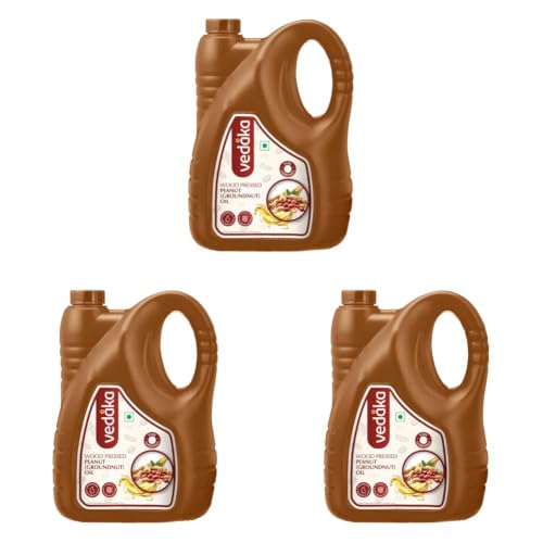 Image of Amazon Brand - Vedaka Wood Pressed Peanut Oil 5L | Cooking Oil | Groundnut Oil | Kolhu, Kacchi Ghani, Mara Chekku, Ganuga | Rich Aroma & Flavour Of Groundnuts (Pack of 3)