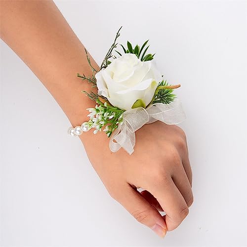 Wrist Corsage and Boutonniere Set Artificial Brides White Rose Wristlet Band Bracelet and Men Boutonniere for Wedding Party Prom Flowers Accessories Decor - Thumbnail 4