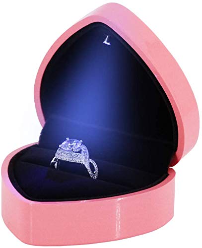 Cutesy Luxury Engagement Geometric Heart Box Earrings Coin Jewelry Diamond Ring Box Case Holder w/LED Lighted up Display for Glowing Surprise Proposal Engagement Wedding Gift (Cherry Blossom Pink)