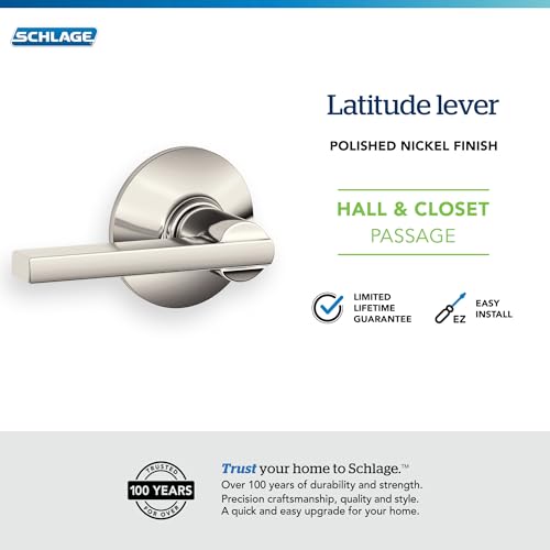 Image of SCHLAGE F10 LAT 618 Residential F10LAT618 Latitude Lever Passage Lock with 16080 Latch and 10027 Strike Bright Finish, 1 Pack, Polished Nickel