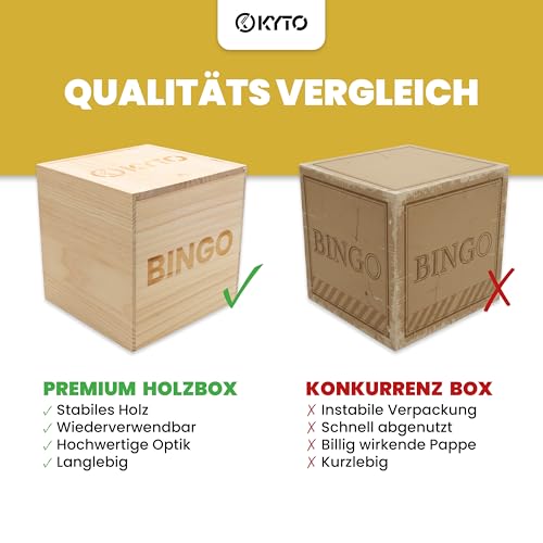 Kyto Bingo Spiel Deluxe Set – Gold Metall Trommel & Holzbox – 75 Kugeln, 150 Chips, 18 Wiederverwendbare Bingokarten + 500 Stift-Karten – Gesellschaftsspiel für Familie, Party & Senioren