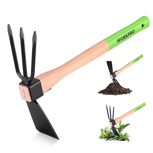 WORKPRO Serfouette Jardinage 36 cm, Houe de Jardin 2 en 1 avec Griffe de Jardin 3 Dents, Outil Jardinage Robuste avec Manche en Bois de Hêtre pour Désherber,...