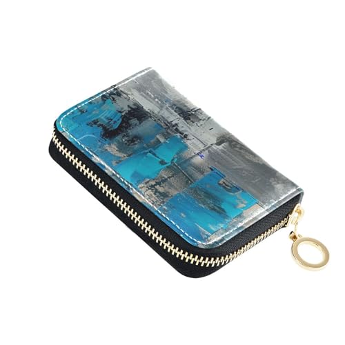 Blue and Gray Abstract leather rdfi credit card wallet women With 9 cards slot RFID Blocking card organizer with zipper - Main Image