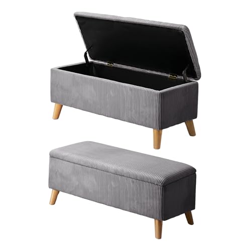 OIKITURE Storage Ottoman Bench with Wood Legs, Foot Stool with Lift-up Seat, Storage Ottoman with Foam, Ottoman Footrest for Bedroom, Dorm, Living Room, Blanket Box Chest, Grey
