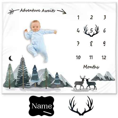 Kemina Blankets Baby Monthly Milestone Blanket Boy, Girl - Milestone Blanket Baby Boy Includes Felt Frame And Personalized Board, Mountain Month Blanket Woodland Nursery Decor For Baby Shower 50X40 #TOP3