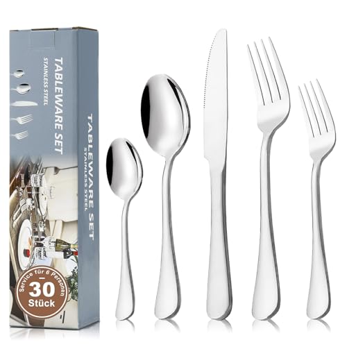 TANTOMI Besteck Set 6 Personen, 30-teiliges Edelstahl Besteckset poliert, Bestecksets mit Messer Gabel Löffel, Spülmaschinenfest, Silber