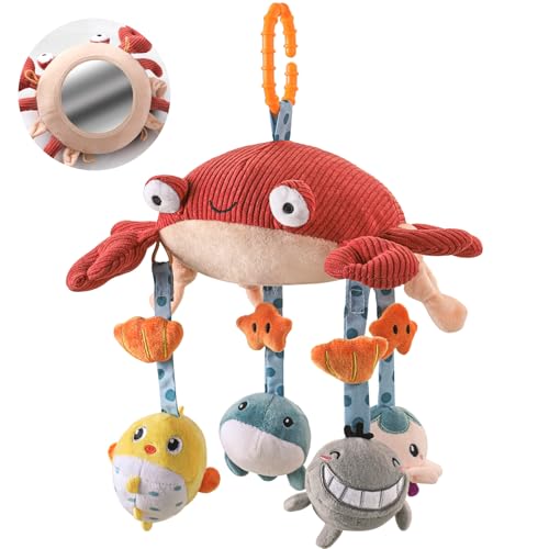 TUMAMA Juguetes Carro Bebes 0 2 3 4 5 6 9 Meses sí Espejo y Sonido, Sonajero Juguete para De Bebe, Peluche Cangrejo Colgante Juegos Recien Nacido Niños Niñas Cuna Coche Carrito Cochecitos Regalos