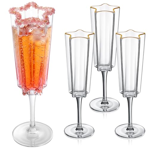 Ferrochef 4 Pcs Star Shaped Champagne Flutes Glasses Gift Set 8 Inch Transparent Cocktail Glasses with Gold Rim for Christmas Parties New Year Party Weddings Anniversary Celebrations