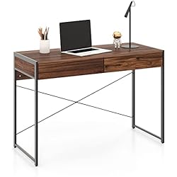 Lamparas Antiguas Para Escritorio LIFEZEAL Escritorio de Ordenador con 2 cajones, 112 x 48 x 76 cm, Mesa de Madera y Metal de Estilo Industrial para Estudio, Oficina, Sala de Estar, Dormitorio (Café)