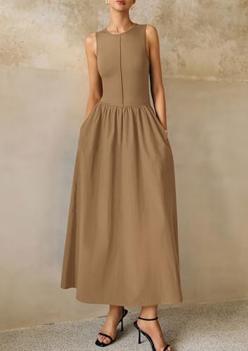 Image of PRETTYGARDEN Maxi Dresses for Women 2026 Summer Casual Sleeveless Patchwork Flowy Vacation Sundress Knit Long Work Tank Dress