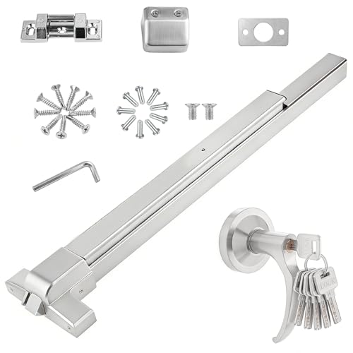 Push Bar Door Lock with 6 Keys 31 Inch Emergency Exit Door Hardware with Handle Aluminum Commercial Push Bar Panic Exit Device Fits 31-47 Wood & Metal Doors Left/Right Compatible