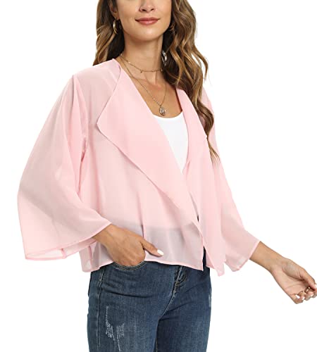 Womens Tops 3/4 Sleeve Cardigans Casual Lightweight Open Front Chiffon Shrug Bolero（B-Light Pink,Xl） #TOP3