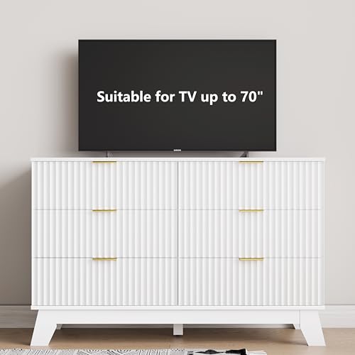 Image of HUANLEGO 6 Drawer Dresser for Bedroom, Fluted White Dresser Chest of Drawers with Gold Handle, Mid Century Modern Dressers for Closet, Bedroom Chest Storage Organizer for Living Room, Hallway