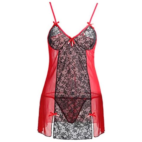 marysgift Nightwear for Women Lingerie Set Sleepwear Lace Trim Bridal Babydoll Chemise Nightgown Sets Nightie Red+Black XL UK 12 14 (Y101) Cover
