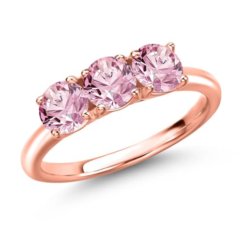 Gem Stone King 18K Rose Gold Plated Silver Pink Lab Grown Diamond 3-Stone Engagement Ring For Women | 1.50 Cttw | Round 5MM | Gemstone April Birthstone | Available in Size 5,6,7,8,9