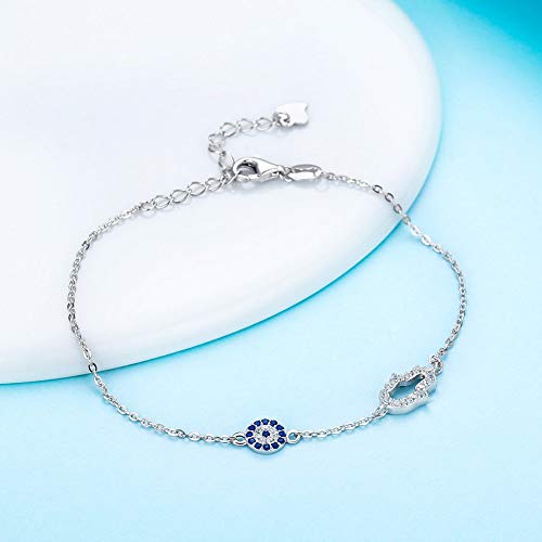 Hamsa Hand of Fatima Evil Eye Bracelet Sterling Silver 925 Blue Cubic Zirconia Chain Adjustable 6.5"+1.5"3