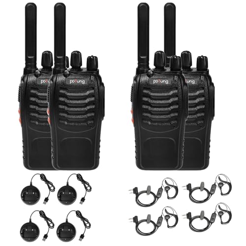 Walkie Talkie PMR446 Licencia Libre Pofung PT88E Radio Comunicador, 16 Canales Walkis Profecionales 1500mAh Walkie Talkie Largo Alcance Radio Portátil,para Adultos Senderismo (Negro, 4 Piezas)