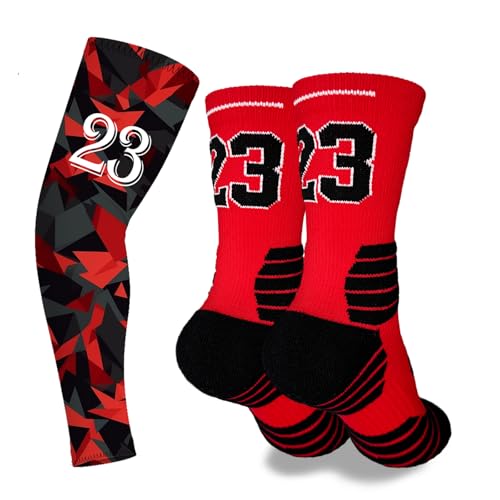 Youth Boys Basketball Crew Socks with Arm Sleeves, Lucky Number Thickened Sports Socks for Kids Team Uniform Gifts