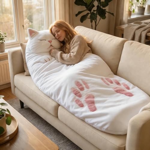 Adult Soft Sleeping Bag – Plush Cat Envelope Sleeping Bag for Camping, Sleepovers & Home Lounging, Washable Warm Blanket 68.9x31.5 (cat A)