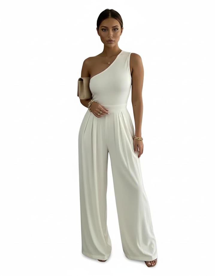 Macacão Feminino Longo Elegante Alfaiataria para Festa Casamento Luxo- Macacao Social Preto Pantalona Branco Um Ombro Só Aniversário Natal Moderno