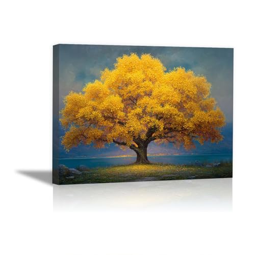 Toile arbre automne doré et lac au crépuscule ravive la chaleur de votre foyer