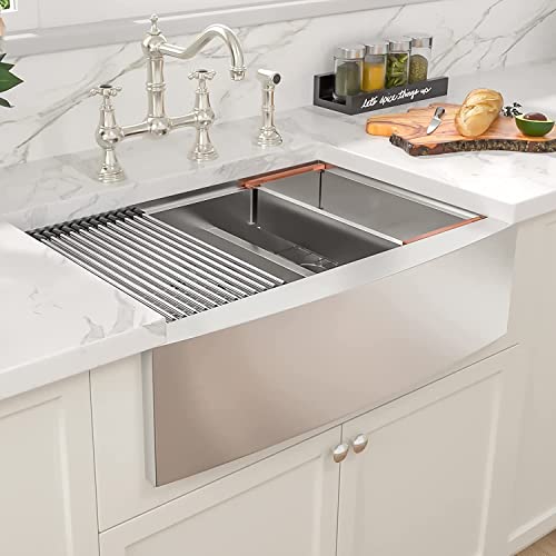 30 Double Farmhouse Kitchen Sink - Sarlai 30 Inch Apron Front Kitchen Sink Double Basin 50/50 Low Divided Ledge Workstation 16 Gauge Stainless Steel Farm Kitchen Sink With Drain Strainer #TOP2
