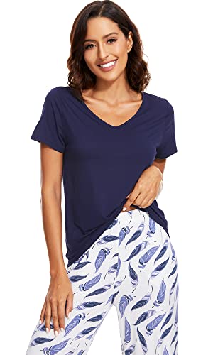 WiWi Viscose from Bamboo Womens Pajamas Set Soft V Neck Sleepwear Short Sleeve Top with Pant Lightweight S-3X3