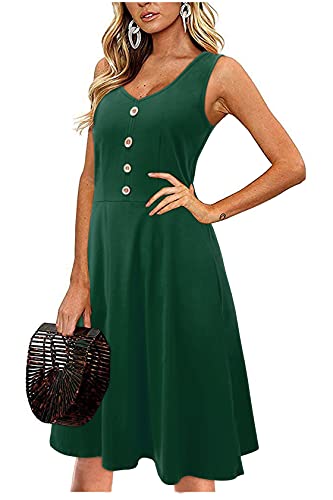 II ININ Sommerkleid Damen Knielang Strandkleid Sommer Midi A Linie Blumen Kleid Freizeitkleid mit Taschen(B-Grün,X-Groß)