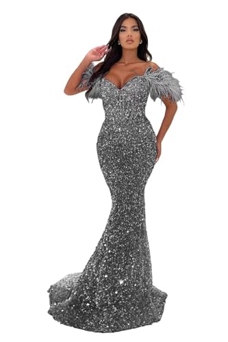 Image of Sequin Feathers Mermaid Prom Dresses 2026 Off Shoulder Sparkly Long Formal Evening Party Gowns with Train
