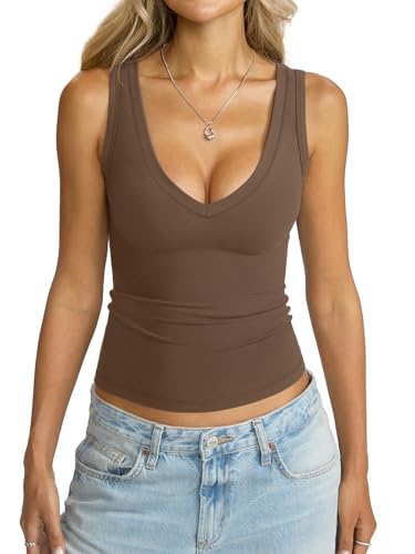 Image of Eachyes Womens V Neck Tank Tops Sleeveless Slim Fit Shirts Summer Going Out Fashion Outfit Clothes 2026