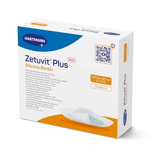Zetuvit Plus Silicone Border Superabsorbent Dressing Sterile Self-Adhesive Wound Dressing Silicone Interface High Absorbency (5 5)