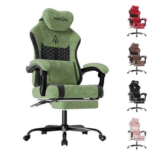 SUKIDA Gaming Stuhl, Ergonomischer Schreibtischstuhl mit Fußstütze Kopfstütze und Lendenkissen, Schreibtischstuhl mit Stoffoberfläche Hochwertiger - Stoff,Grün