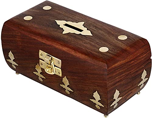 Image of ITOS365 Handcrafted Wooden Money Box for Kids with Metal Latch Closure Carved Design Piggy Bank Coin Saving Box for Children