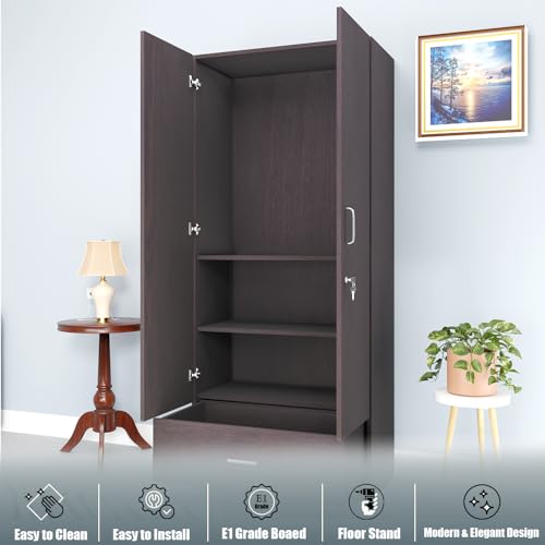 Image of VIKI Wardrobe | Wooden Almirah for 2 Door Wardrobe with 1 Drawer & Hanging Space (Dark Wenge - 40D x 80W x 180.8H) | 1 Year Warranty | Free Assembly
