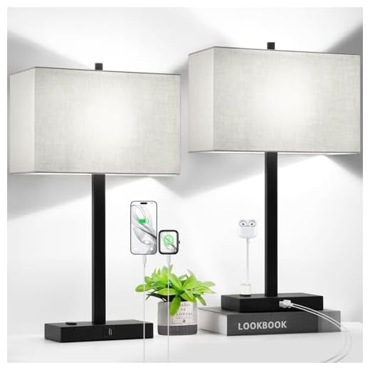21" Set of 2 Touch Control Table Lamps with 2 USB & AC Outlets, 3-Way Dimmable Modern Nightstand Lamps for Bedroom Living Room Office Reading, Gray Shade Bedside Lamps, 5000K LED Bulbs Included