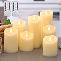 flamecan Flameless Candles Battery Operated LED Candles Set of 7 (D3 x H4 4" 5" 5" 6" 7" 8") Ivory Real Wax Pillar with 10-Key Remote Control and Cycling 24 Hours Timer