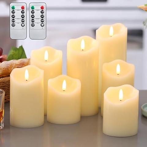 flamecan Flameless Candles Battery Operated LED Candles Set of 7 (D3 x H4 4" 5" 5" 6" 7" 8") Ivory Real Wax Pillar with 10-Key Remote Control and Cycling 24 Hours Timer Cover