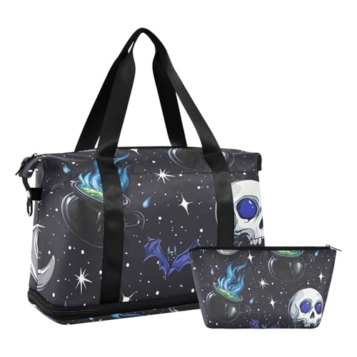 ALAZA Sports Duffel Bags with Toiletry Bag Set,Bat Skeleton Pattern Travel Duffel Bags Multi Pockets Weekend Bag2