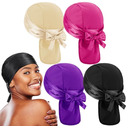 Silicherry 4 Pcs Durag for Women Satin Wrap Cap for Black Hair Silk Long Hair Scarf Mesh Liner Head Wrap Scarves for Sleeping Spa Makeup