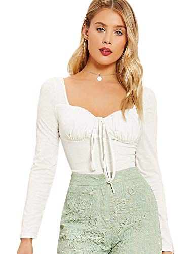 Romwe Women s Elegant Long Sleeve Tie Knot Square Neck Slim Fit Bardot Blouse Tops White Small