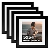 KINLINK 5x5 Picture Frame Black Set of 4, Wooden Square Photo Frames Matted 4x4 with Plexiglass for 4x4 with Mat or 5x5 without Mat for Table and Wall Display