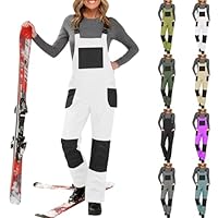 Womens Insulated Snow Bibs Waterproof Ski Pants Adjustable Overalls Color Block Winter Snowsuit with Pockets White