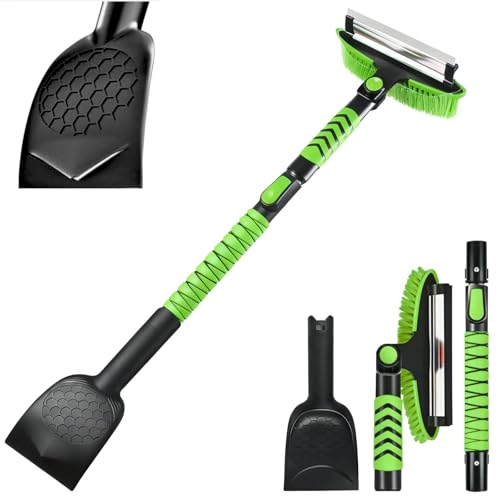 ShouRong Snow Shovel & Ice Scrapers for Car Windshield, Snow Brush and Ice Scraper with Squeegee, Snow Removal Tool, Winter Car Accessories,Extendable Aluminum Handle, 180°Pivoting Brush Head, Green