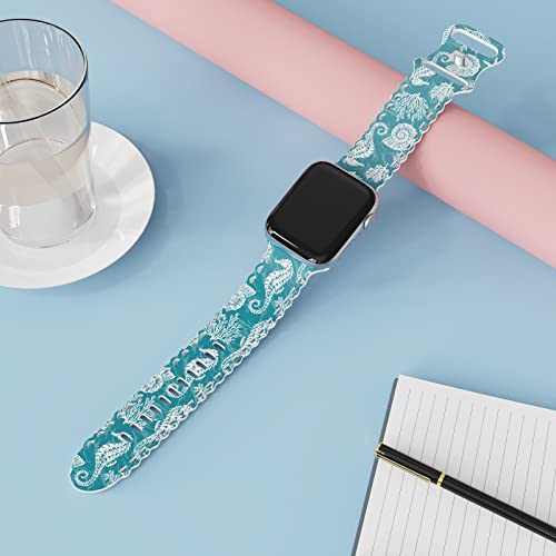 Image of Compatible with Apple Watch Band 41mm 40mm 38mm 49mm 45mm 44mm 42mm Women Girl, Seahorse Print Lace Hollow-out Soft Silicone Sport Bands For iWatch Ultra SE Series 10 9 8 7 6 5 4 3 2, Seah-42