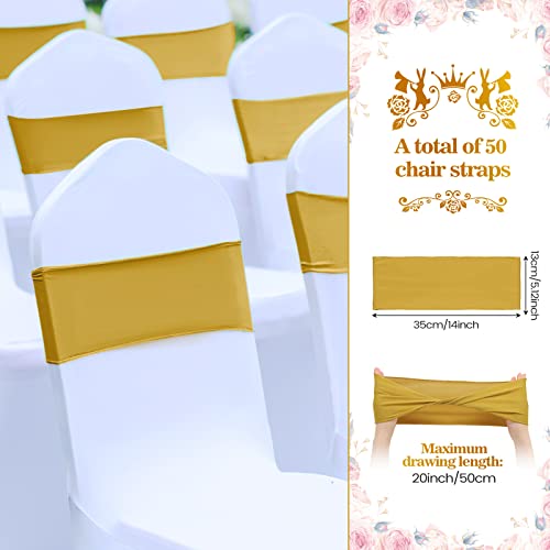 Kinlop 50 Pcs Spandex Chair Sashes Bows Chair Bands Slider Sashes for Chair Covers Elastic Chair Bands Ties without Buckle Chair Decorations for Wedding Party Events Ceremony Birthday(Gold)
